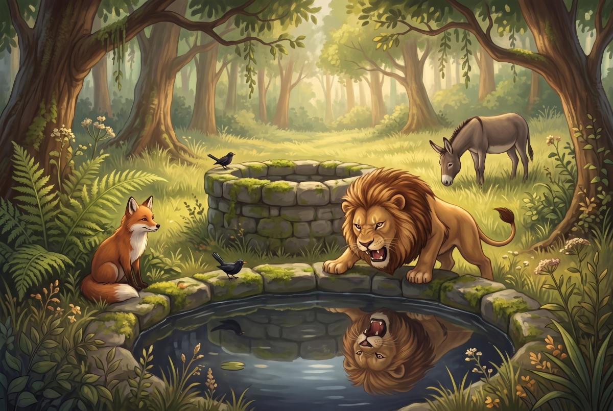 Cover illustration for the bedtime story The Foolish Lion