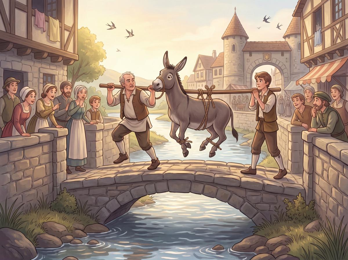Cover illustration for the bedtime story The Miller, His Son and the Donkey