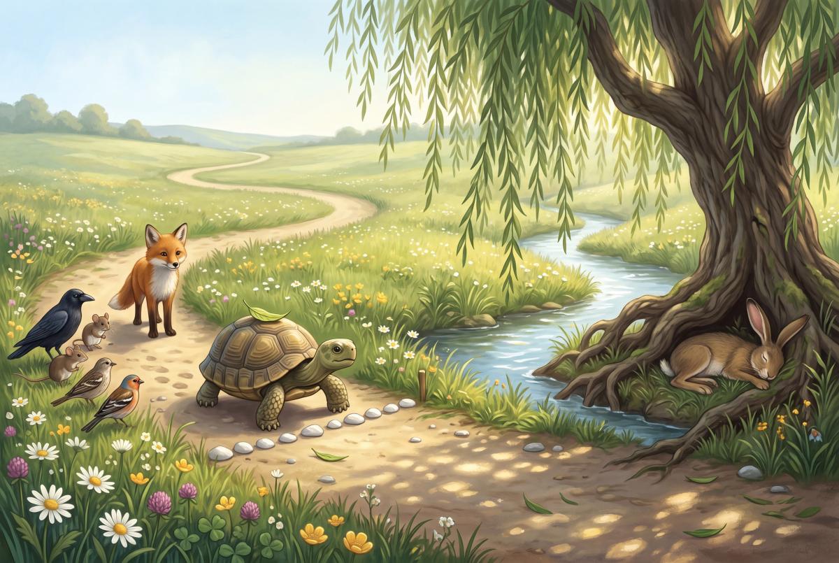 Cover illustration for the bedtime story The Tortoise and the Hare