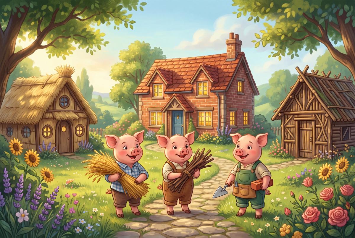 Titulná ilustrácia k rozprávke na dobrú noc Tri prasiatka