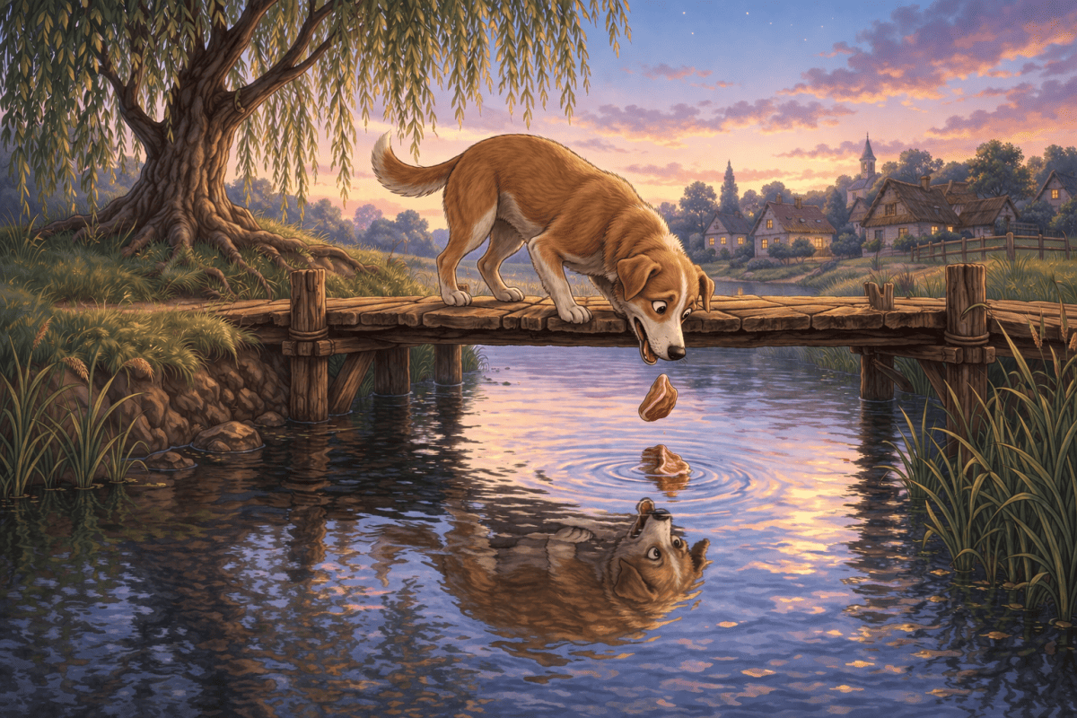 Cover illustration for the bedtime story The Dog and His Reflection