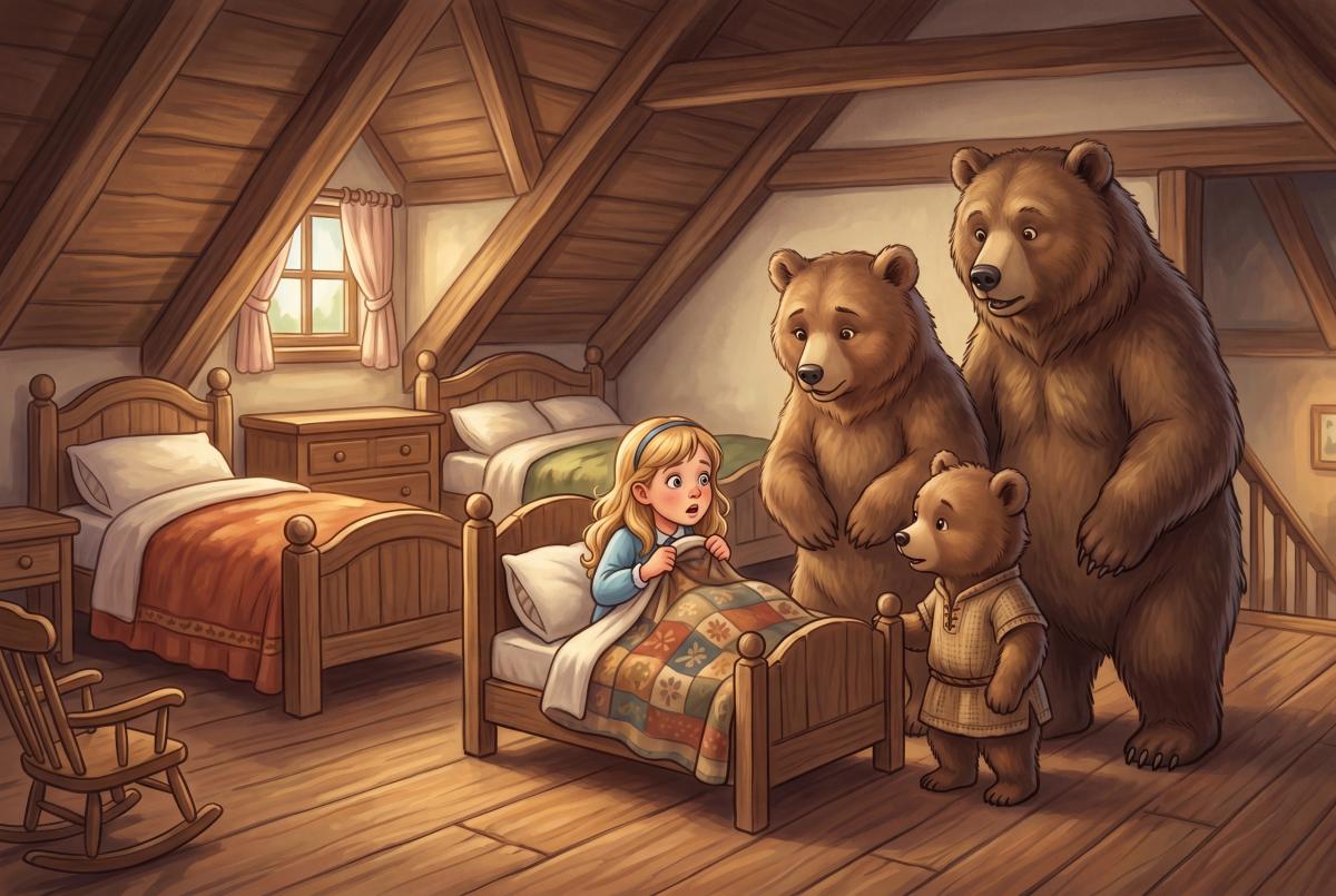 Cover illustration for the bedtime story Goldilocks and the Three Bears