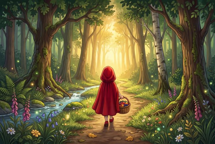Little Red Riding Hood walks along a forest path carrying a basket, surrounded by tall trees, a gentle stream, and warm morning light filtering through the woods.