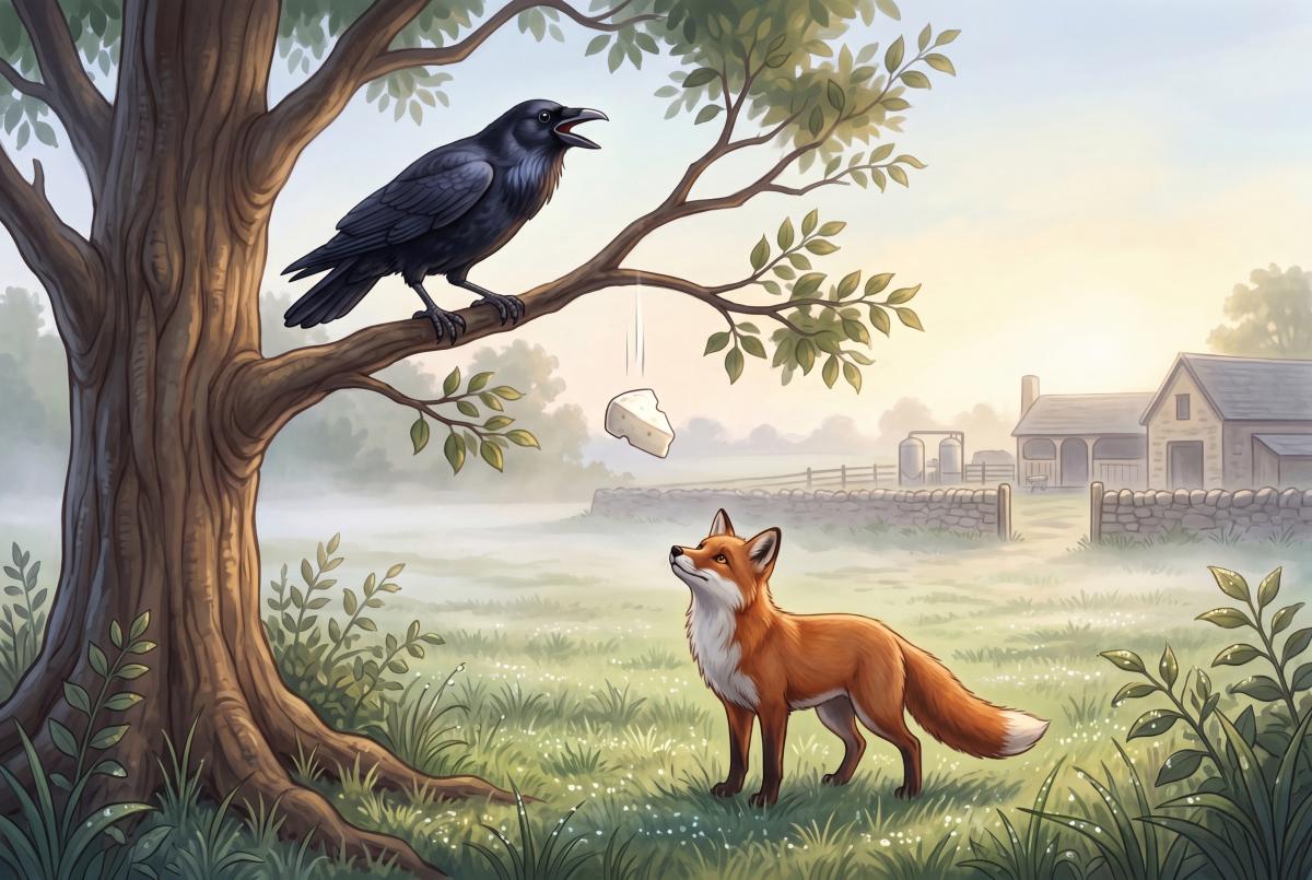 Titulná ilustrácia k rozprávke na dobrú noc Líška a vrana