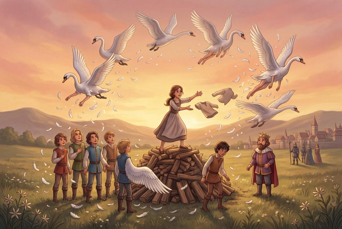 Titulná ilustrácia k rozprávke na dobrú noc Šesť labutí
